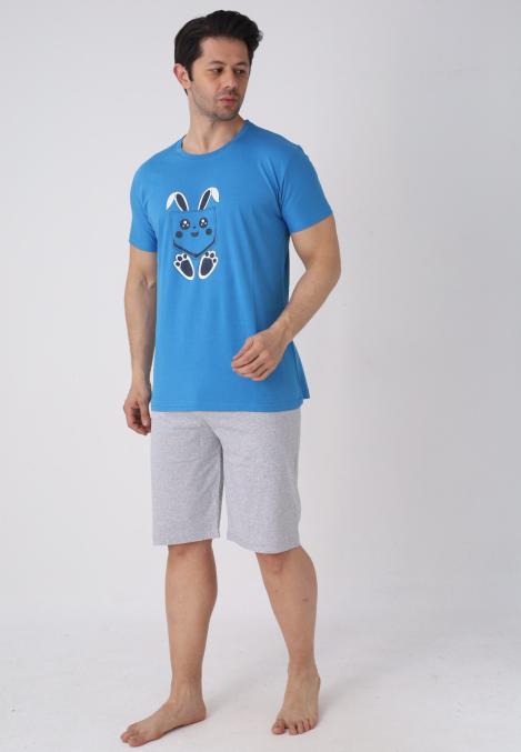 Pijama barbat cu maneca scurta si pantaloni 3/4, culoare albastru , Engros